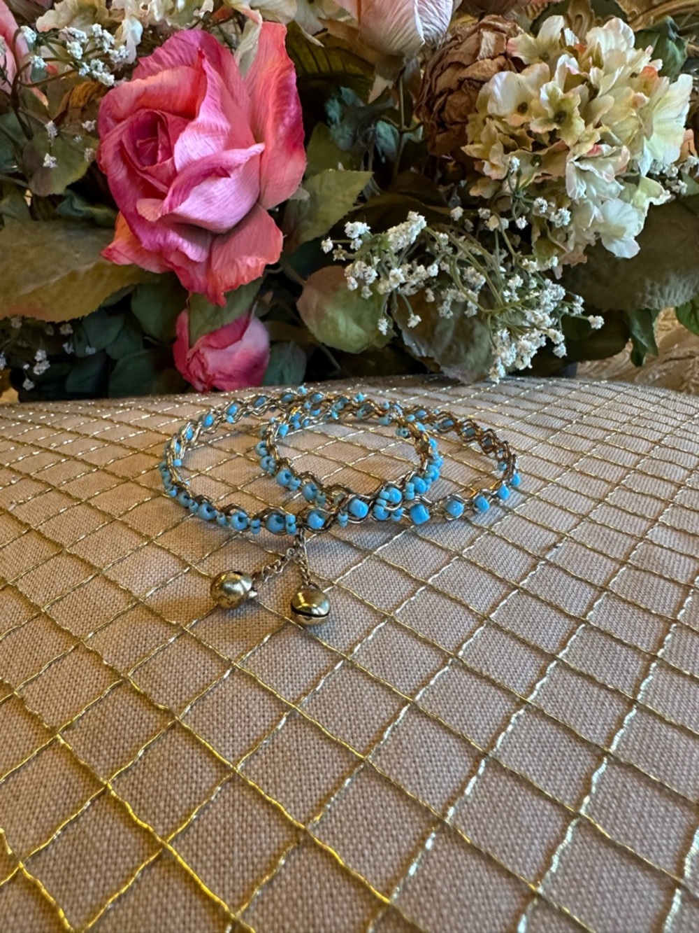 Turquoise Colored Bead Chain Wrap Bracelet Set with Charm